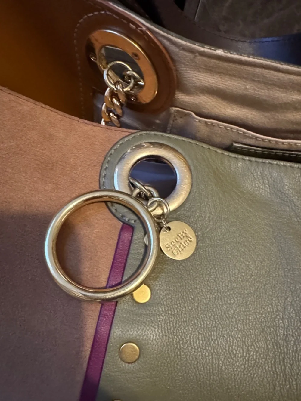 See By Chloe Two-Tone Olive & Tan Leather Shoulder Bag with Gold Hardware - Picture 2 of 14